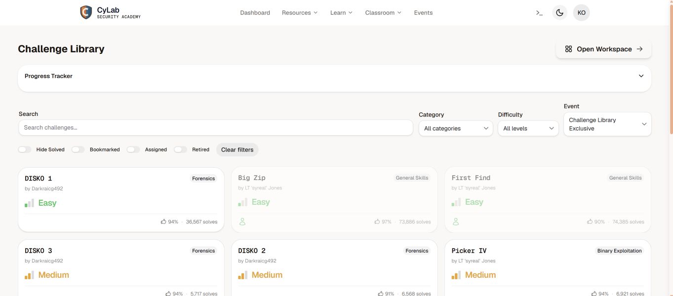 Screenshot of Cylab Security Academy Website