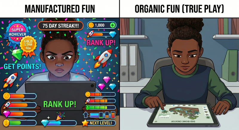 Student on the left with distracting gamified app and student on the right with organic fun app