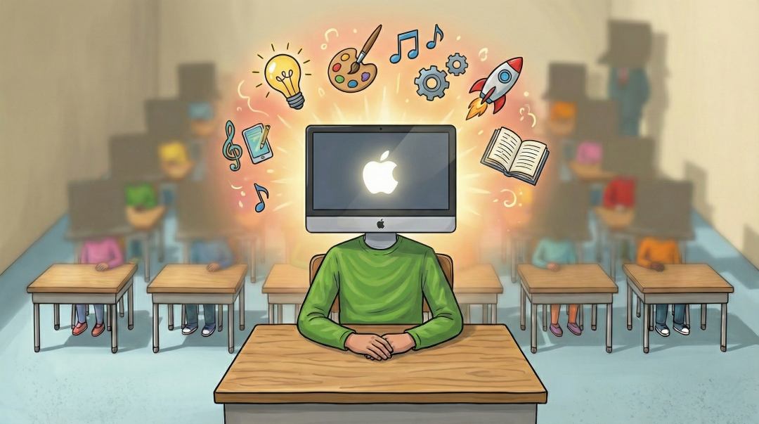A student with a Mac for a head showing their skills around it like music, art and creativity