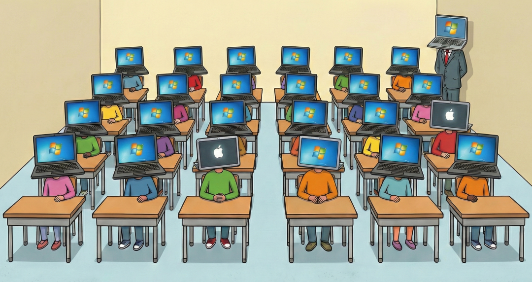 Classroom showing students and a teacher with Windows and Mac computers as heads