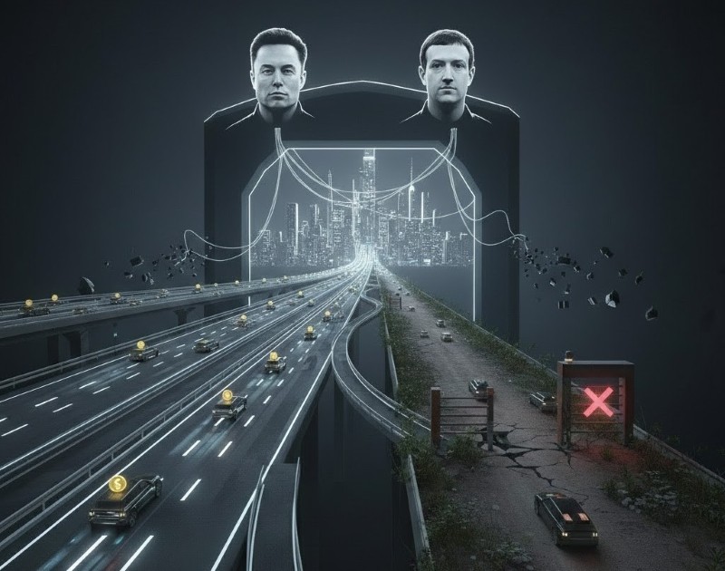 The faces of tech CEOs on a bridge controlling the flow of traffic